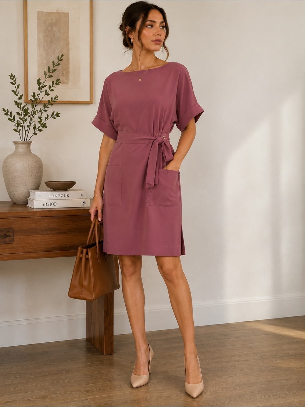 Babaton Aritzia XXS Oversized Tie Waist Midi Dress Mauve Quiet Luxury